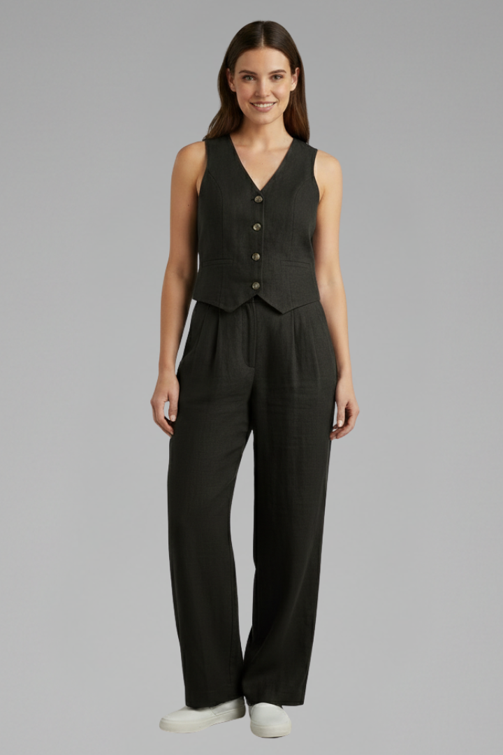 Luna | Women’s Two-Piece Set with V-Neck Waistcoat and Wide Trousers Black
