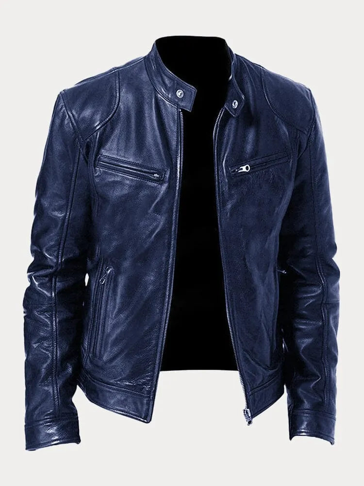 Luna | Women's Biker Leather Jacket with Stand-Up Collar Navy Blue