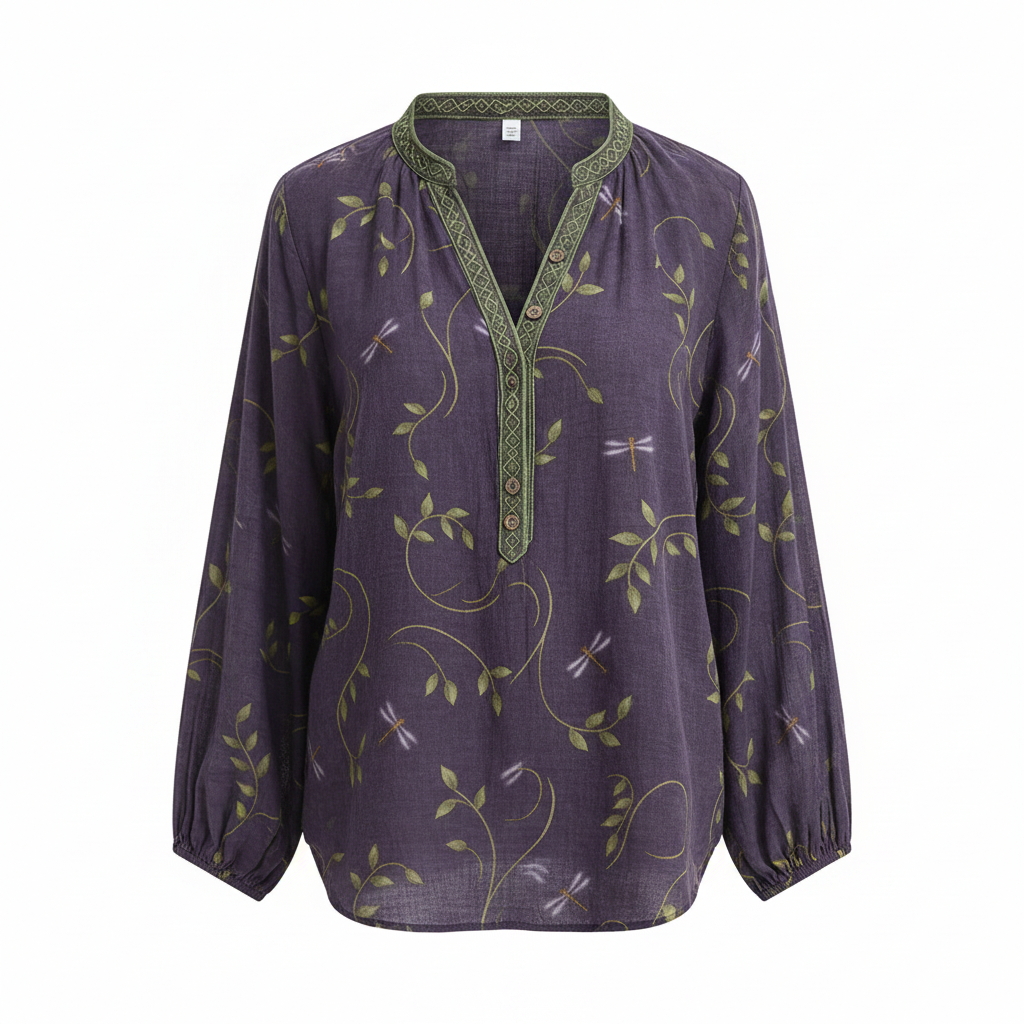 Vara | Women’s Printed V-Neck Blouse – Chic Artisan Long Sleeve & Refined Slimming Silhouette