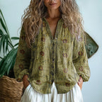 Vara | Women’s Printed V-Neck Blouse – Chic Artisan Long Sleeve & Refined Slimming Silhouette Green