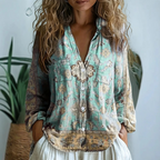 Vara | Women’s Printed V-Neck Blouse – Chic Artisan Long Sleeve & Refined Slimming Silhouette Blue Green