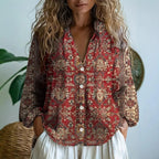 Vara | Women’s Printed V-Neck Blouse – Chic Artisan Long Sleeve & Refined Slimming Silhouette Burgundy