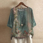 Flora | Women’s Vintage Floral Print Blouse – Chic Artisan Bloom & Refined Slimming Drape Green