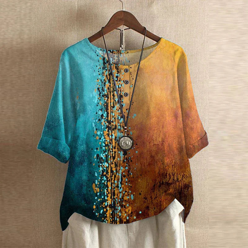 Flora | Women’s Vintage Floral Print Blouse – Chic Artisan Bloom & Refined Slimming Drape Blue Orange