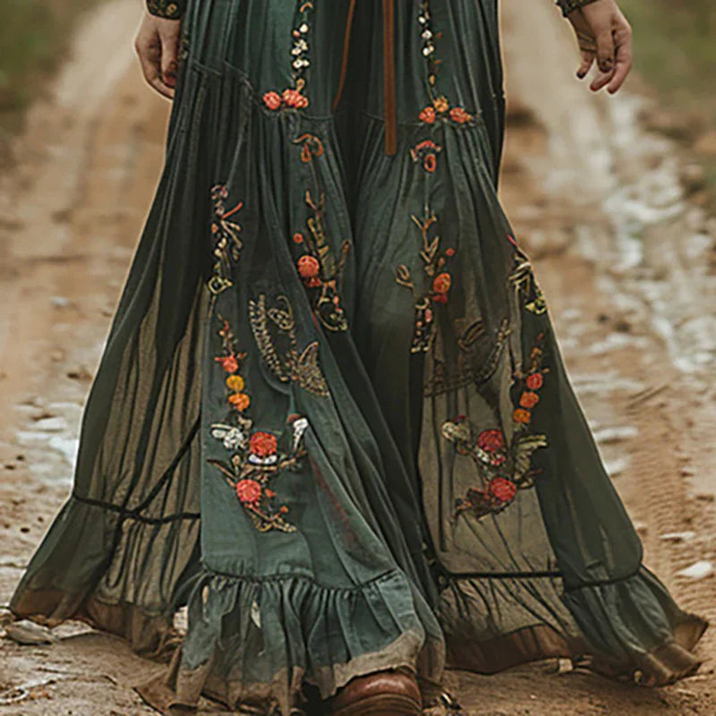 Sora | Women’s Embroidered V-Neck Maxi – Chic Artisan Bohemian & Refined Slimming Silhouette