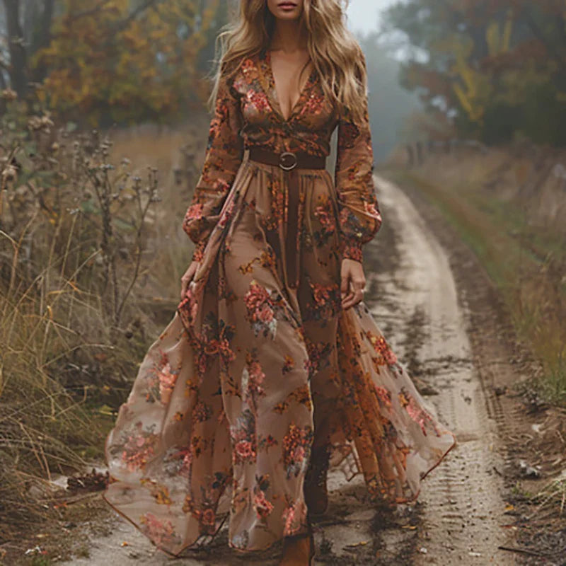 Sora | Women’s Embroidered V-Neck Maxi – Chic Artisan Bohemian & Refined Slimming Silhouette Dark Brown