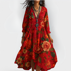 Zahara | Women's Boho Dress | Floral Midi Dress V-Neck 3/4 Sleeve – Chic Artisan Grace & Refined Slimming Silhouette Red