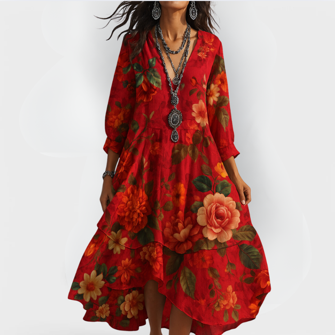 Zahara | Women's Boho Dress | Floral Midi Dress V-Neck 3/4 Sleeve – Chic Artisan Grace & Refined Slimming Silhouette Red
