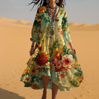 Zahara | Women's Boho Dress | Floral Midi Dress V-Neck 3/4 Sleeve – Chic Artisan Grace & Refined Slimming Silhouette