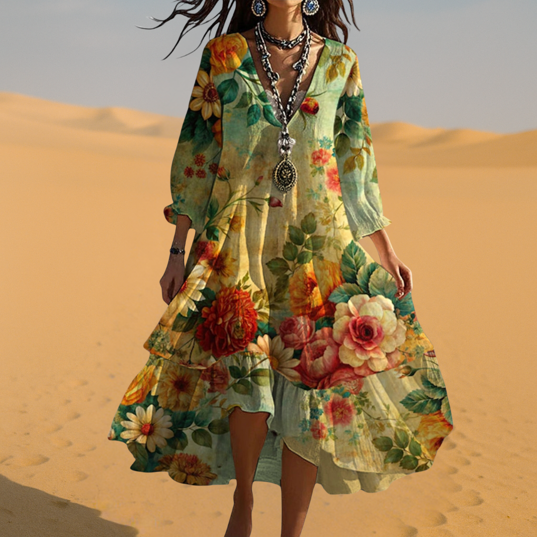 Zahara | Women's Boho Dress | Floral Midi Dress V-Neck 3/4 Sleeve – Chic Artisan Grace & Refined Slimming Silhouette