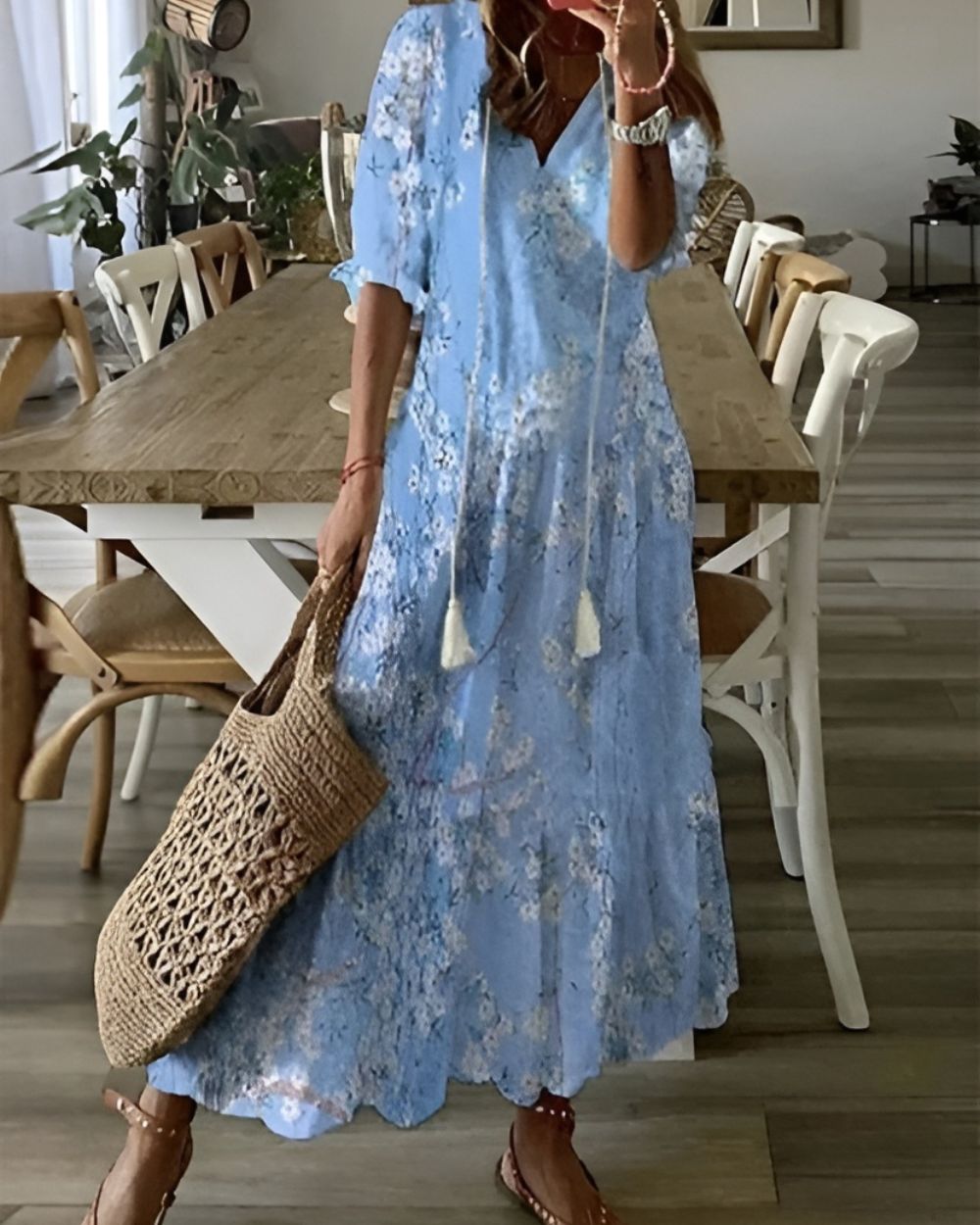 Lana | Women’s Tassel Tie Front Maxi – Chic Artisan Boho & Refined Slimming Silhouette Light Blue