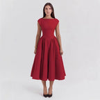 Women’s Cap Sleeve Midi Dress with Boat Neck and Gathered Waist Red