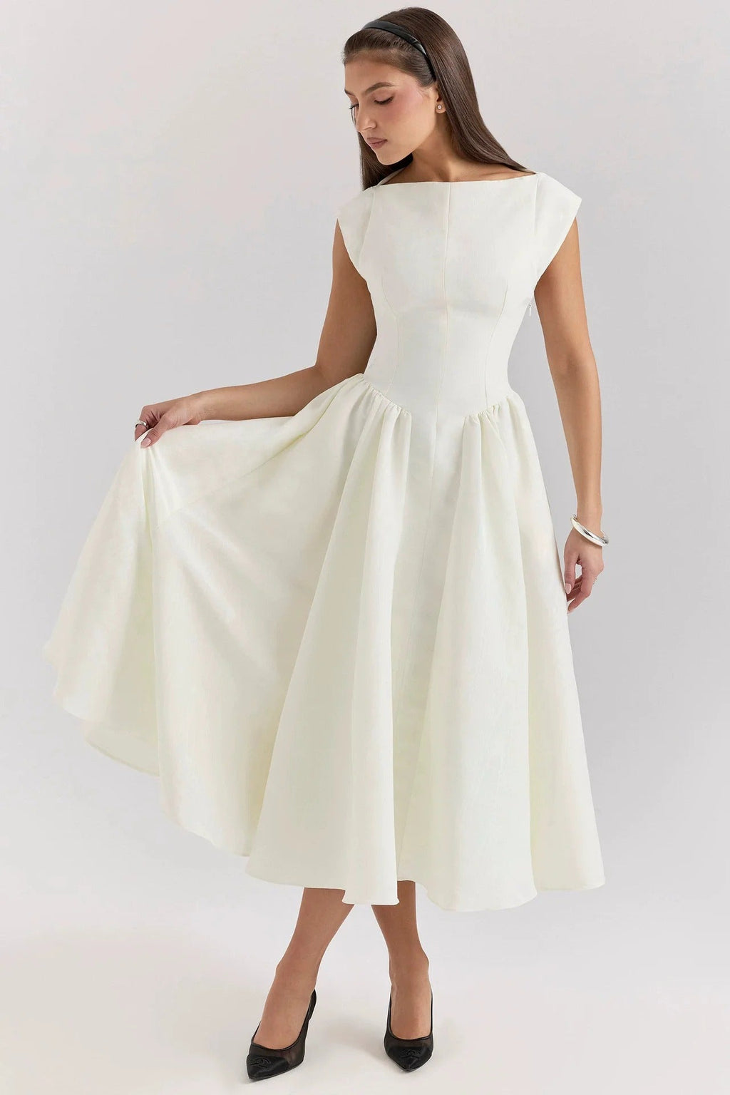 Women’s Cap Sleeve Midi Dress with Boat Neck and Gathered Waist Apricot