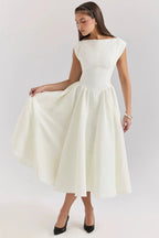 Women’s Cap Sleeve Midi Dress with Boat Neck and Gathered Waist Apricot