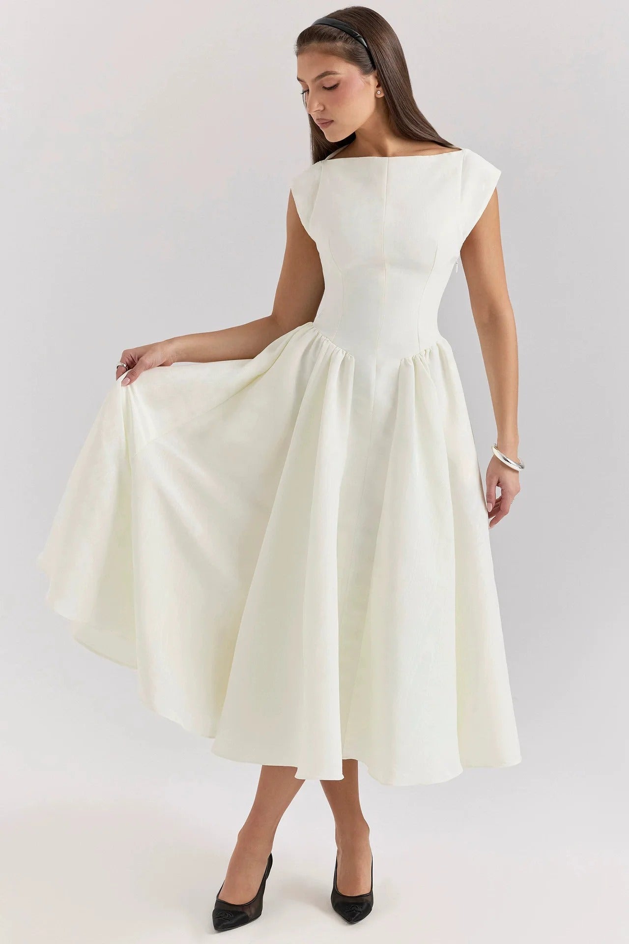 Women’s Cap Sleeve Midi Dress with Boat Neck and Gathered Waist Apricot