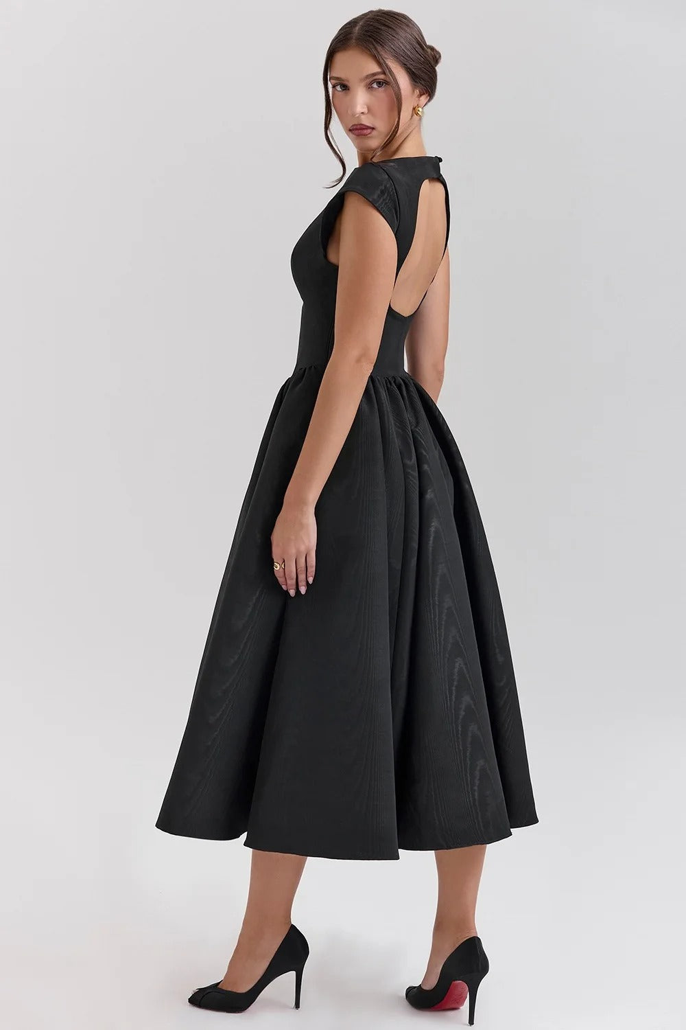 Women’s Cap Sleeve Midi Dress with Boat Neck and Gathered Waist
