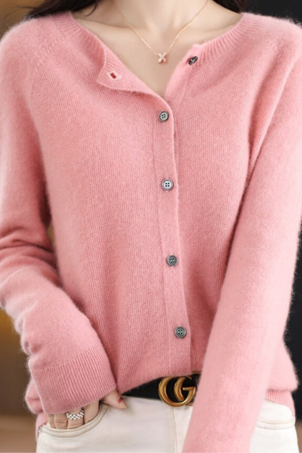 Amore | Women's V-Neck Button-Front Cardigan - Soft Knit Sweater Light Pink