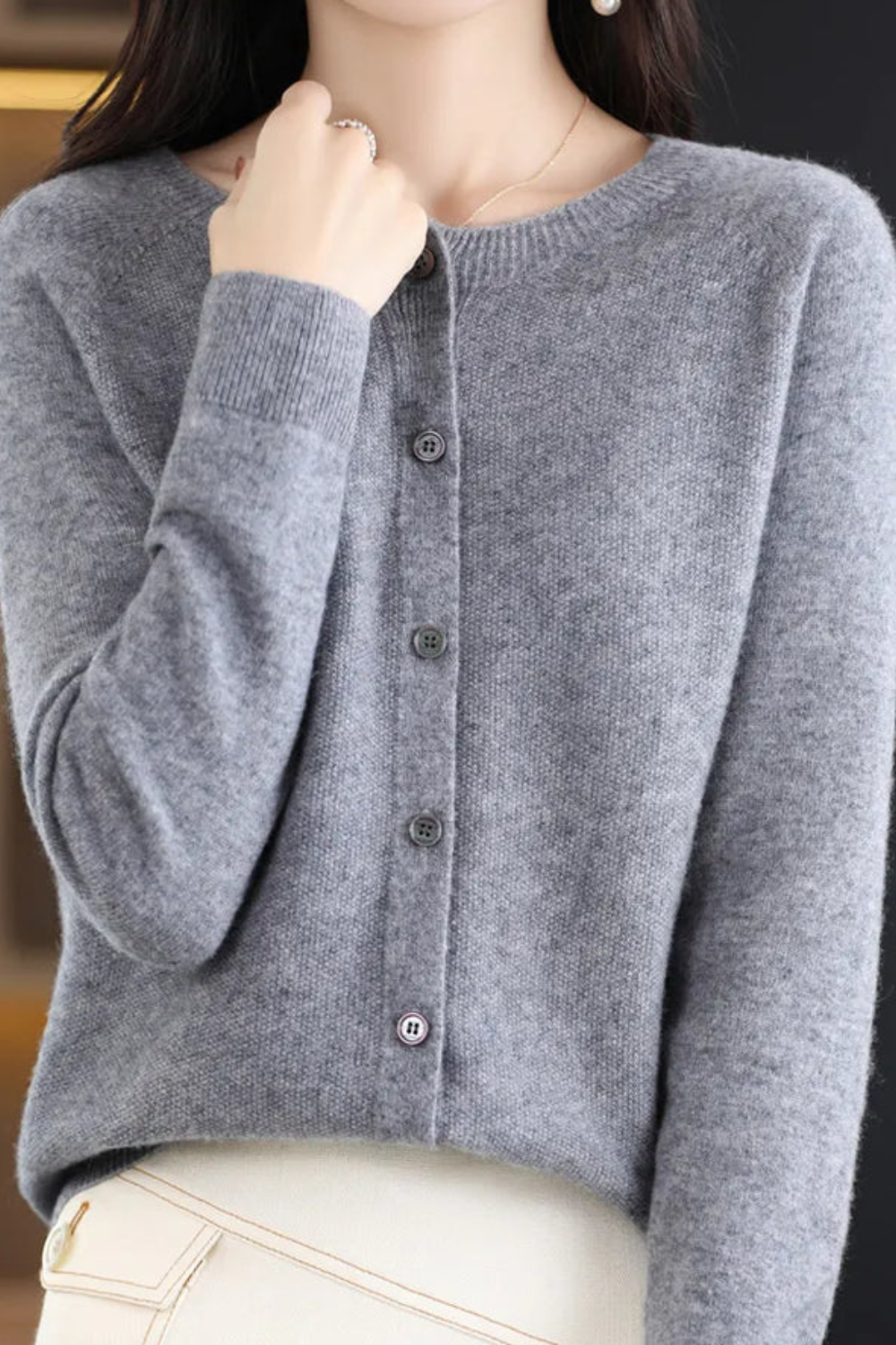 Amore | Women's V-Neck Button-Front Cardigan - Soft Knit Sweater Light Grey