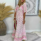 Flōre | Women’s Boho Print Maxi Dress – Chic Artisan Pattern & Refined Slimming Silhouette Pink