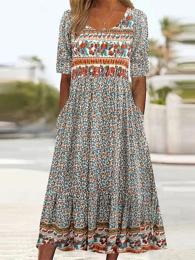Zahara | Women’s Boho Print Midi Dress – Chic Artisan Pattern & Refined Slimming Silhouette Multicolor