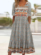 Zahara | Women’s Boho Print Midi Dress – Chic Artisan Pattern & Refined Slimming Silhouette Multicolor