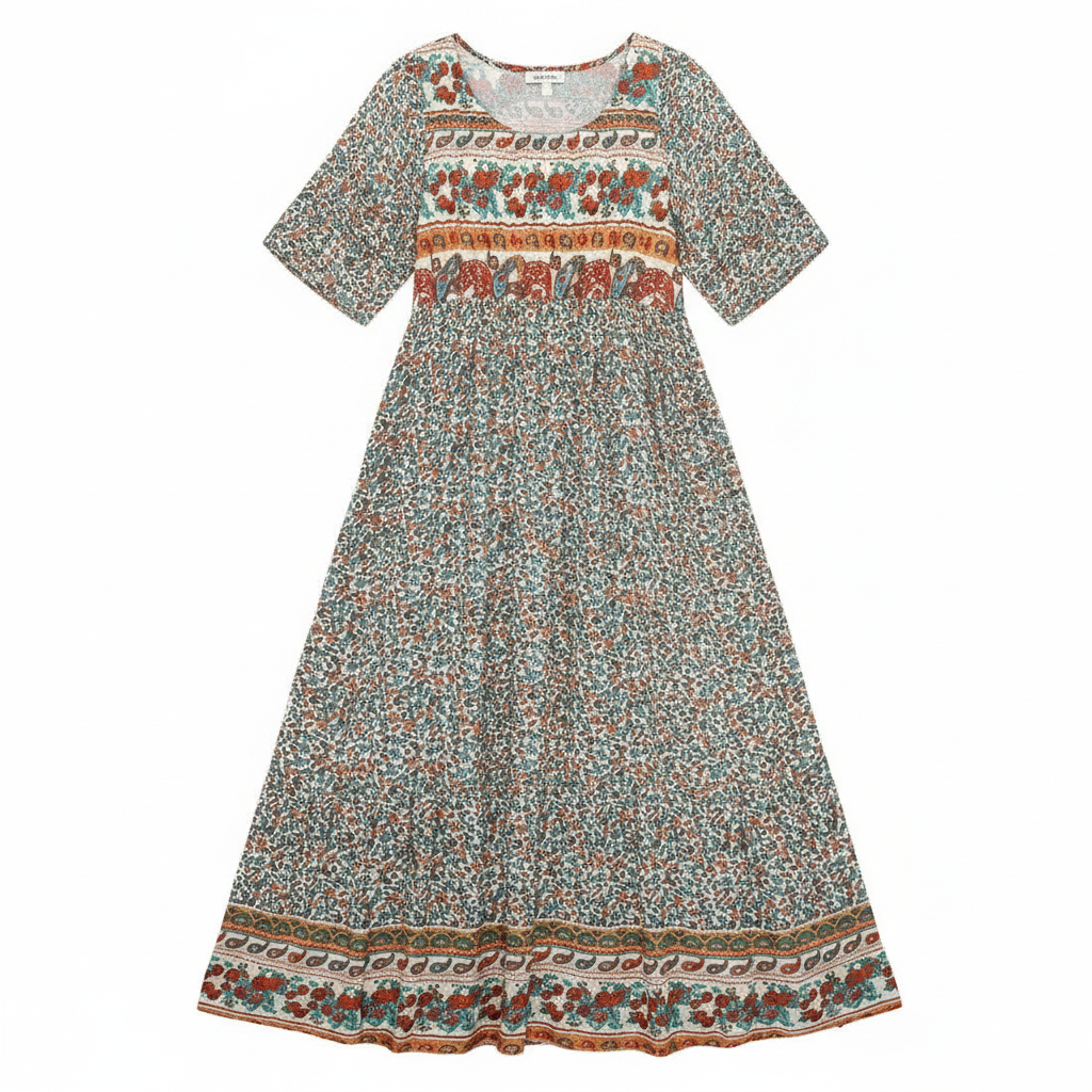Zahara | Women’s Boho Print Midi Dress – Chic Artisan Pattern & Refined Slimming Silhouette