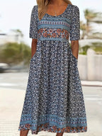 Zahara | Women’s Boho Print Midi Dress – Chic Artisan Pattern & Refined Slimming Silhouette Blue