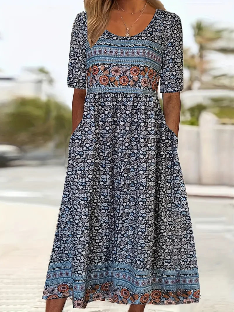 Zahara | Women’s Boho Print Midi Dress – Chic Artisan Pattern & Refined Slimming Silhouette Blue