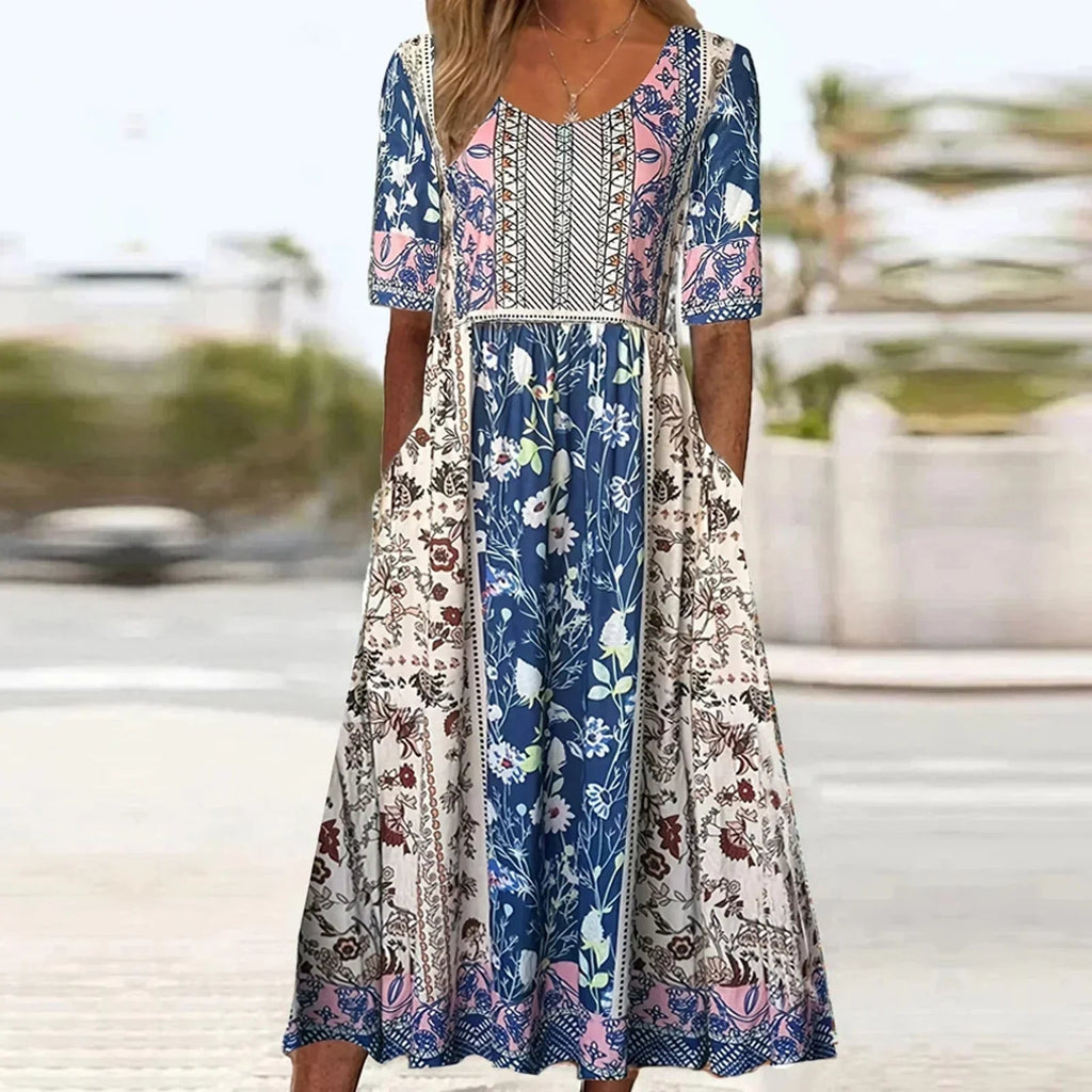 Zahara | Women’s Boho Print Midi Dress – Chic Artisan Pattern & Refined Slimming Silhouette Yellow Blue