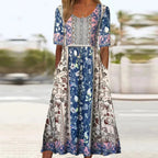 Zahara | Women’s Boho Print Midi Dress – Chic Artisan Pattern & Refined Slimming Silhouette Yellow Blue