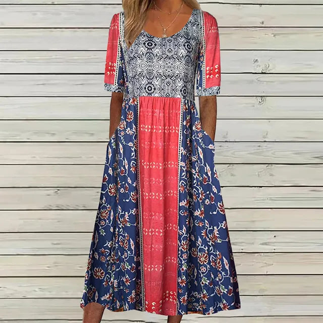 Zahara | Women’s Boho Print Midi Dress – Chic Artisan Pattern & Refined Slimming Silhouette Pink Blue