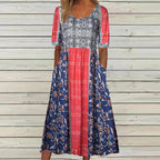 Zahara | Women’s Boho Print Midi Dress – Chic Artisan Pattern & Refined Slimming Silhouette Pink Blue