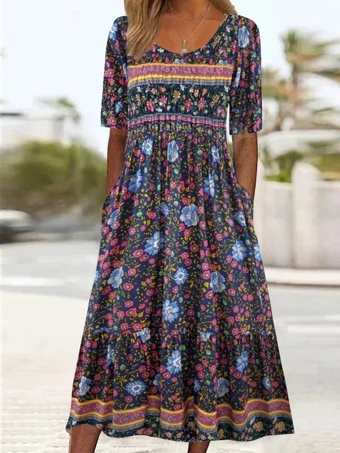 Zahara | Women’s Boho Print Midi Dress – Chic Artisan Pattern & Refined Slimming Silhouette Dark Blue