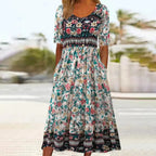 Zahara | Women’s Boho Print Midi Dress – Chic Artisan Pattern & Refined Slimming Silhouette White Blue