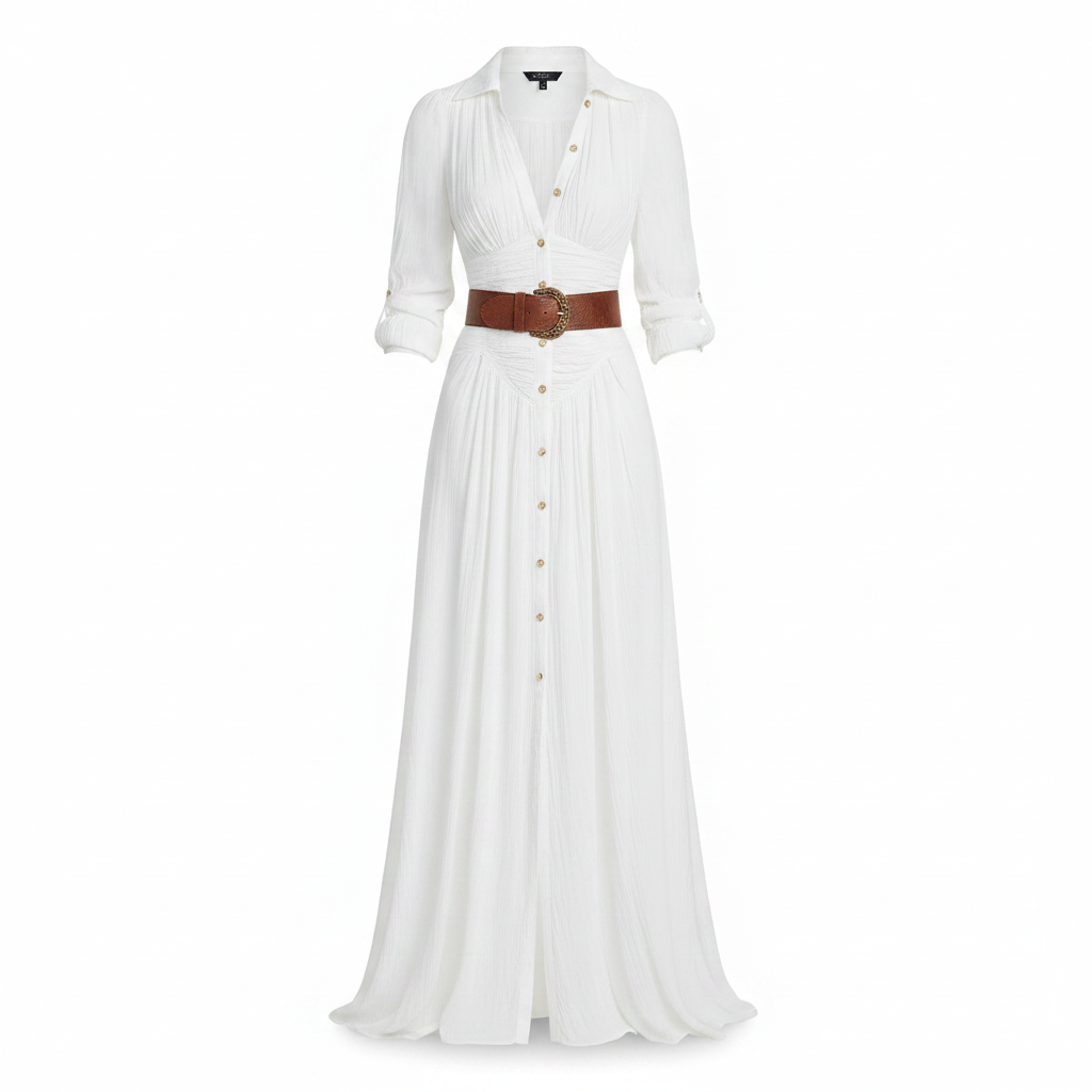Aura | Women’s Button Front Belted Maxi Dress – Chic Artisan A-Line & Refined Slimming Silhouette