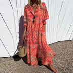 Fiora | Women’s Floral V-Neck Maxi Dress – Chic Artisan Long Sleeve & Refined Slimming Silhouette Red