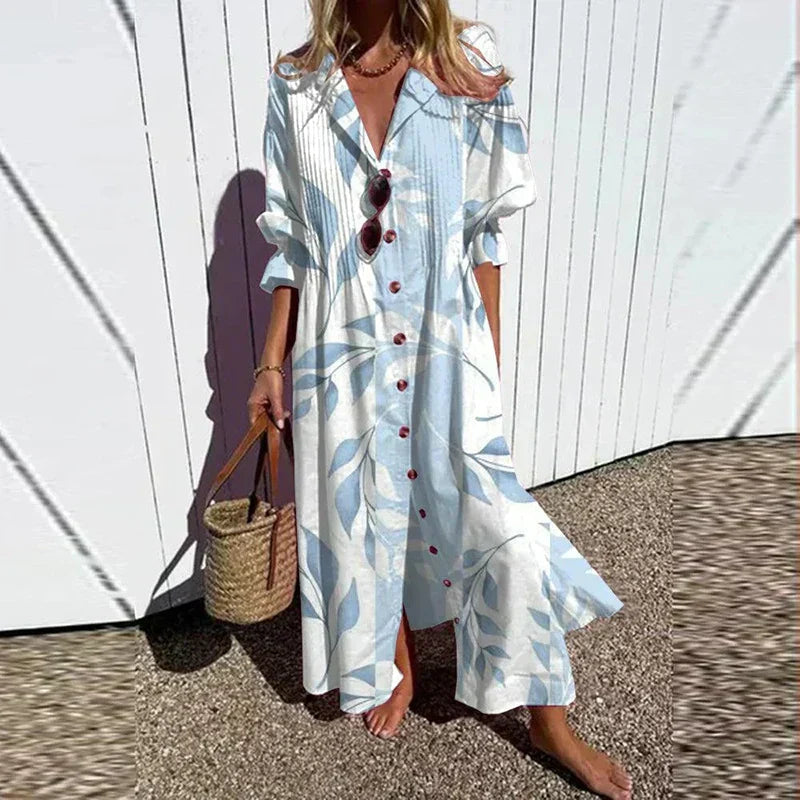 Fiora | Women’s Floral V-Neck Maxi Dress – Chic Artisan Long Sleeve & Refined Slimming Silhouette Light Blue