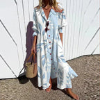 Fiora | Women’s Floral V-Neck Maxi Dress – Chic Artisan Long Sleeve & Refined Slimming Silhouette Light Blue