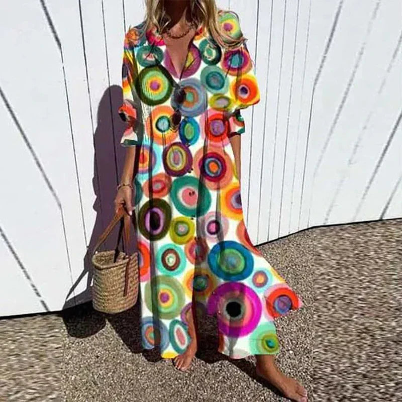 Fiora | Women’s Floral V-Neck Maxi Dress – Chic Artisan Long Sleeve & Refined Slimming Silhouette Multicolor B