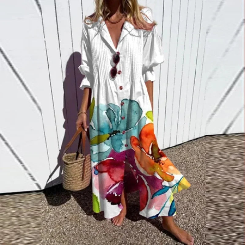 Fiora | Women’s Floral V-Neck Maxi Dress – Chic Artisan Long Sleeve & Refined Slimming Silhouette White