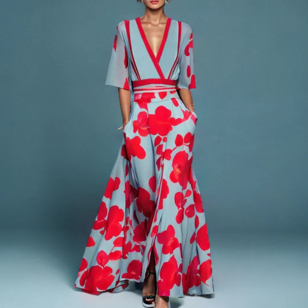 Adōre | Women’s Floral Wrap Maxi Dress – Chic Artisan Bloom & Refined Slimming Silhouette Blue & Red