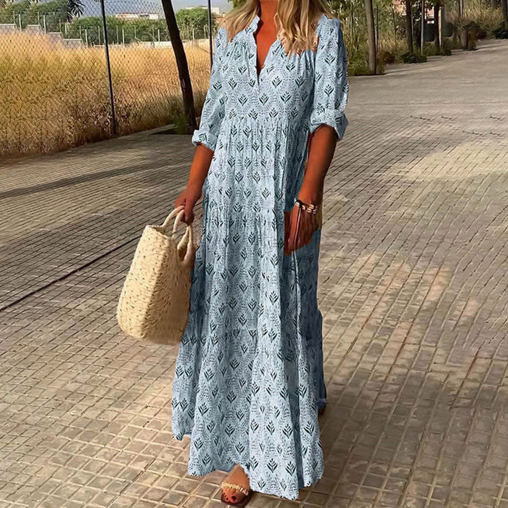 Rogue | Women’s Maxi Boho Print Dress – Chic Artisan Pattern & Refined Slimming Silhouette Light Blue