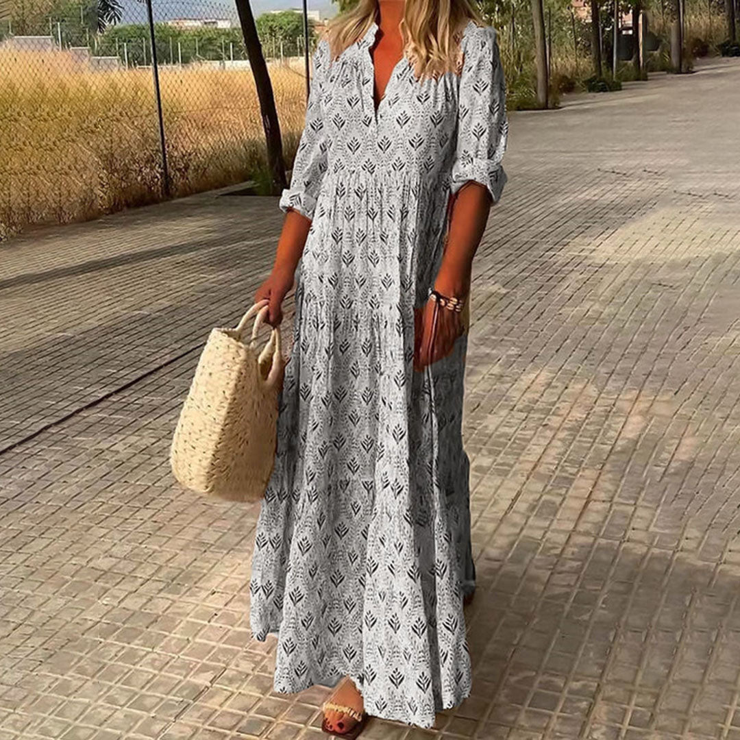 Rogue | Women’s Maxi Boho Print Dress – Chic Artisan Pattern & Refined Slimming Silhouette Light Gray