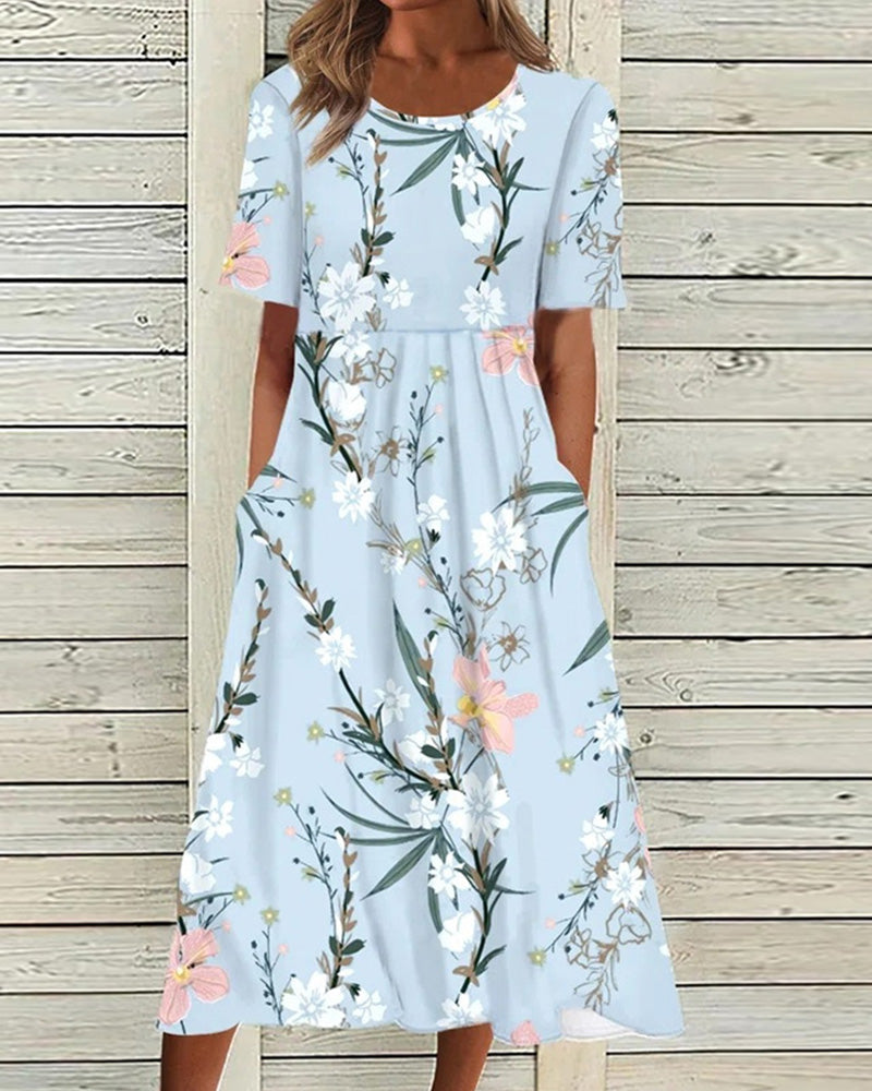 Flora | Women’s Printed Floral Midi Dress – Chic Artisan Bloom & Refined Slimming Silhouette Light Blue