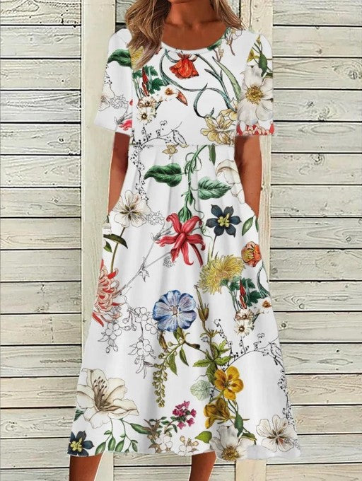 Flora | Women’s Printed Floral Midi Dress – Chic Artisan Bloom & Refined Slimming Silhouette White & Green
