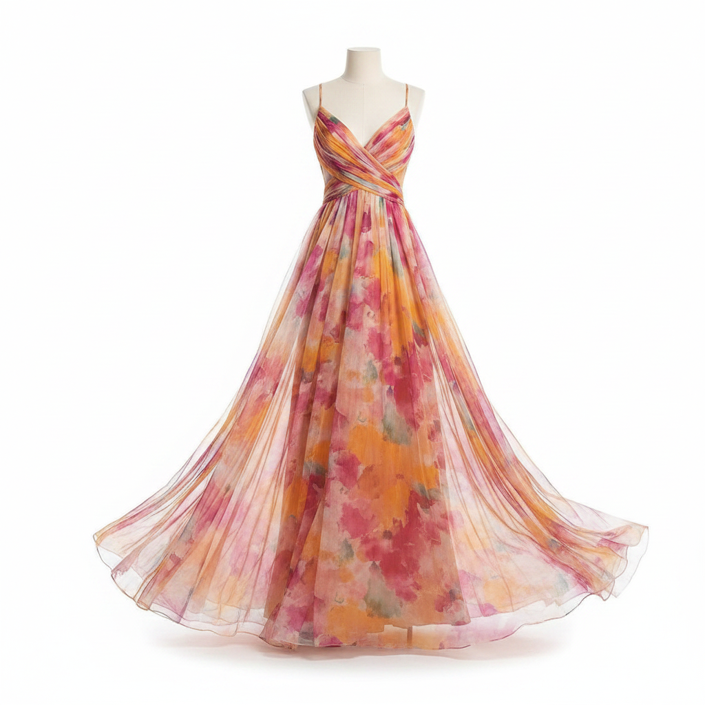 Casada | Women's Dress - V-Neck & Flowing Skirt with a Scenic Effect