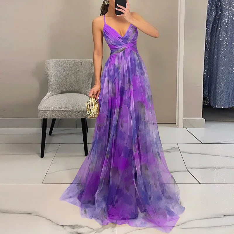 Casada | Women's Dress - V-Neck & Flowing Skirt with a Scenic Effect Purple