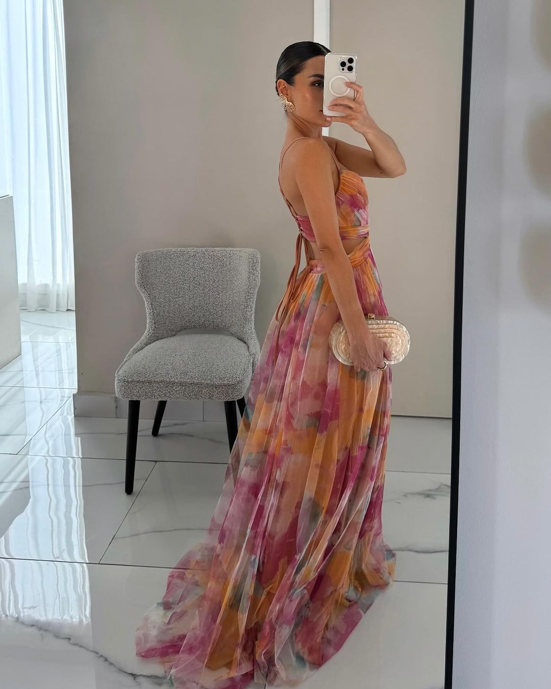 Casada | Women's Dress - V-Neck & Flowing Skirt with a Scenic Effect
