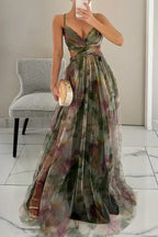 Casada | Women's Dress - V-Neck & Flowing Skirt with a Scenic Effect