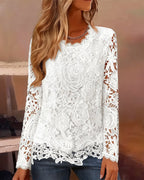 Rose | Women’s Floral Scalloped Neckline Blouse with Long Sleeves and Rose Patterns